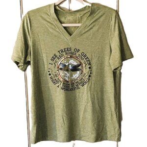 Green V-Neck Graphic Tee - Nature Print